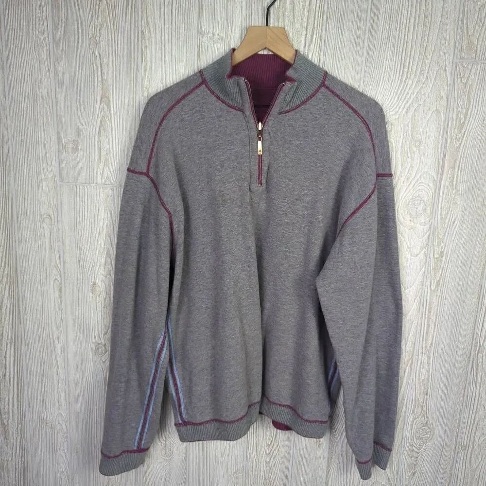 Vintage Tommy Bahama Men’s XL Grey Burgundy 1/4 Zip Pullover Sweater Jacket